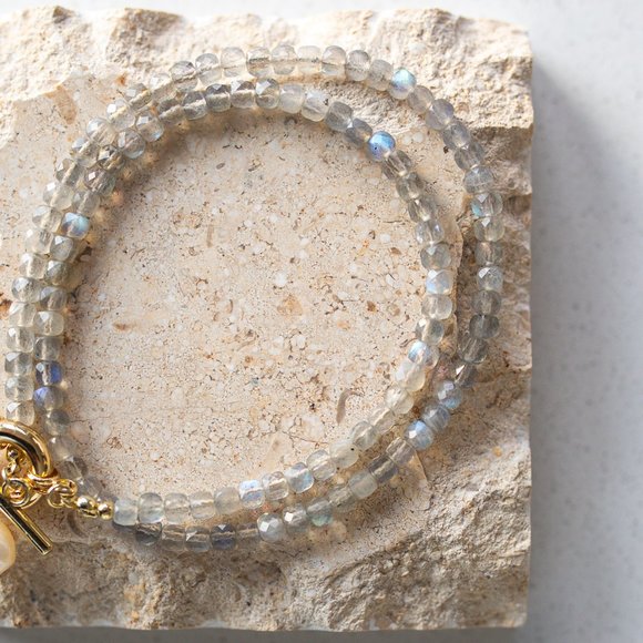 Labradorite Gemstone Necklace Gold Toggle Clasp Removable Pearl beaded gift her - Picture 8 of 11